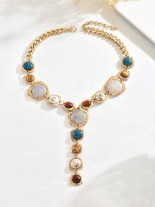 1pc Luxury Heavy Craft Distressed Gold Trim Colorful Y-Shaped Necklace, Suitable For Women's Daily Outfit, Party, Evening Banquet, Holiday Gift - Gold - View 8