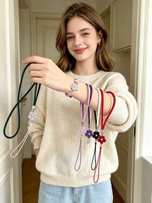 2026 New Camellia & Lucky Clover Wrist Strap Lanyard, PU Phone Lanyard, Portable ID Card Holder, Decorative Phone Case Accessory - Multicolor - View 3