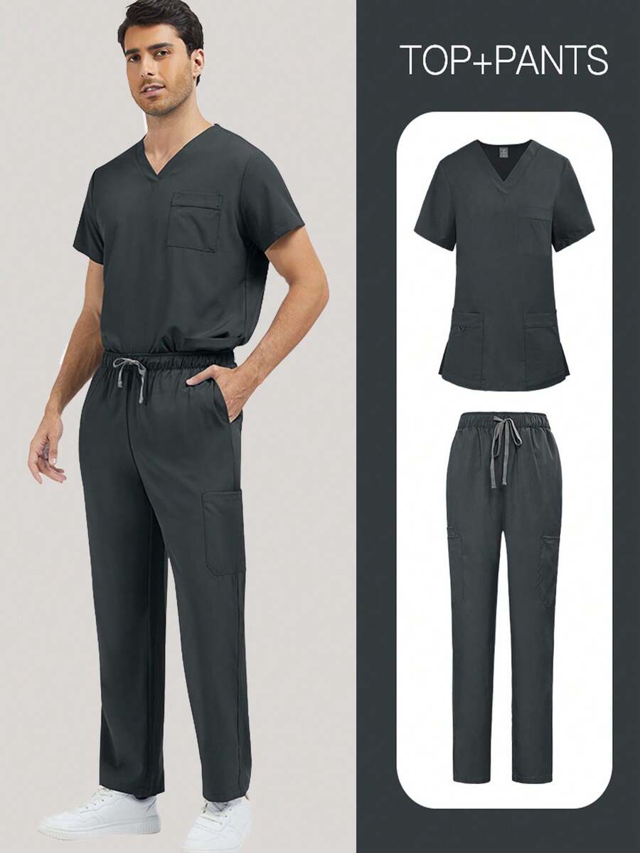 Men's Scrub Set, Breathable Lab Coat, Pet Grooming Salon Uniform, With Multiple Pockets - Grey - View 1