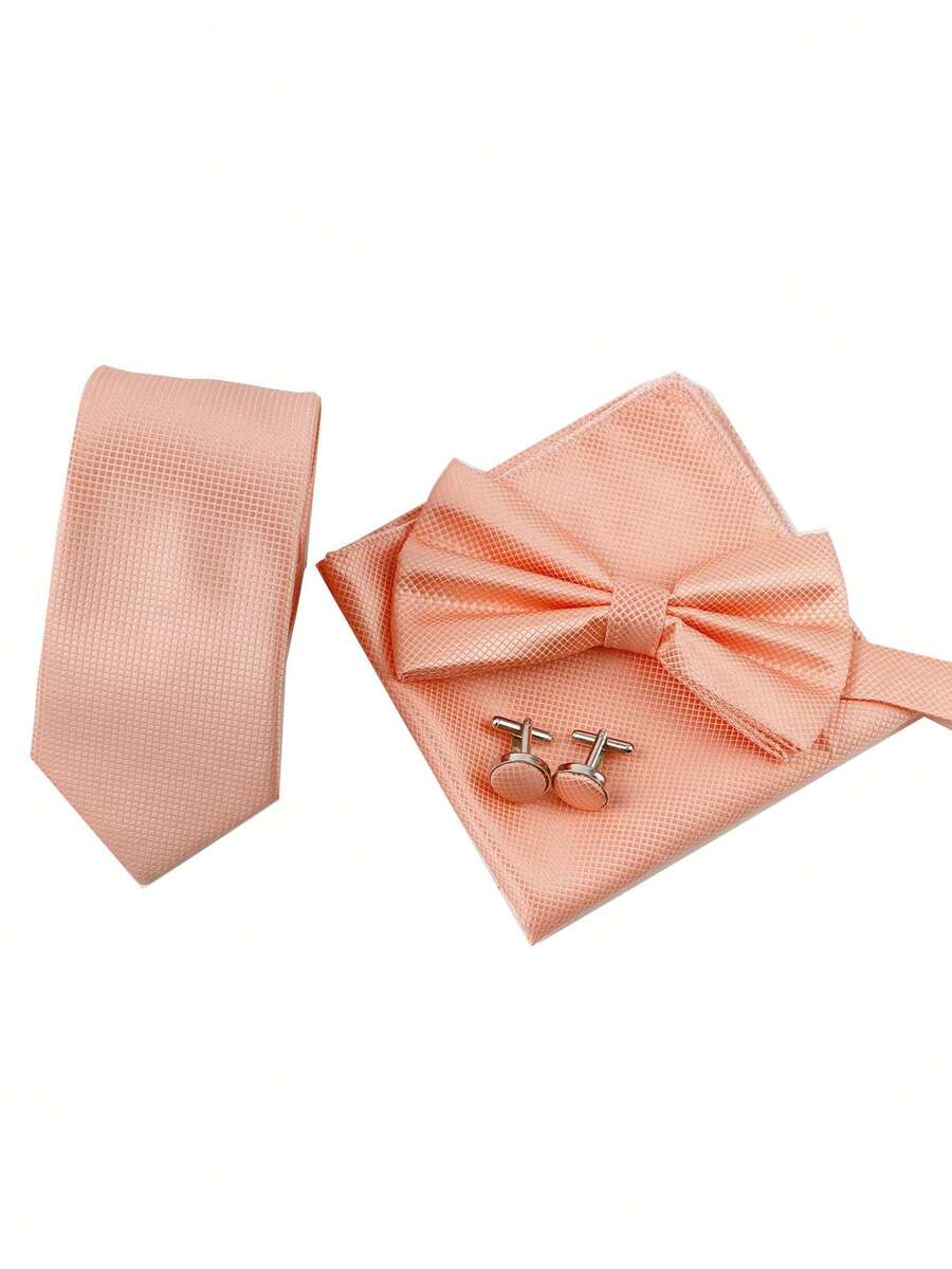 ZLQ&GOU 4 PCS Lotus Pink Solid Color Tie Set, Includes Necktie, Pocket Square, Bow Tie, Cufflinks, Suitable For Wedding Party Events Neck Accessories - Coral Pink - View 1