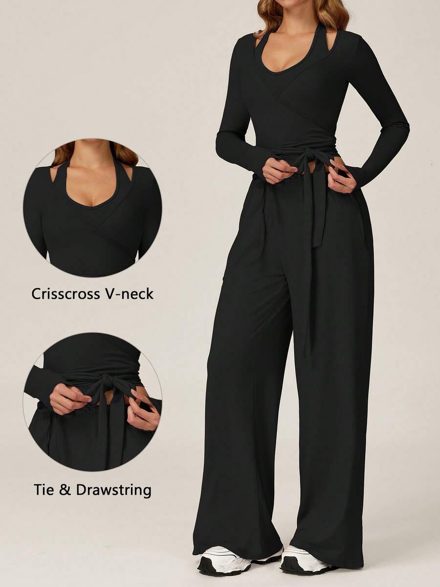 TimeOff Women's One Set Solid Color Cross Wrap Tie Waist Long Sleeve Cover Up With Elastic Drawstring Side Pockets Wide Leg Pants - Black - View 1