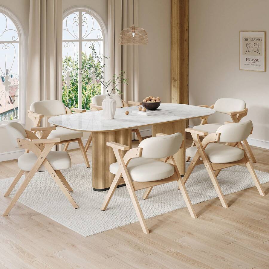 6 Folding Dining Chairs Beige Solid Wood - Comfortable And Space Saving - 米色 - 查看 1