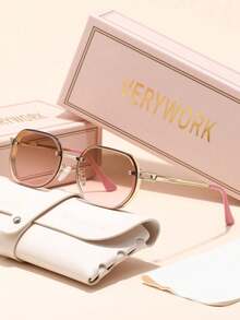 Verywork 1pc Personalized Geometric Brand Design Women's Sunglasses, Comes With Storage Case And Cleaning Cloth, Suitable For Beach Vacation, Street Fashion, Outdoor Travel, Driving Sun Protection And More - Multicolor - View 10