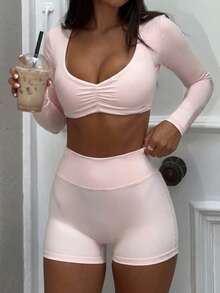 NOIRLYN Women's 2-Piece Yoga Set, Sexy U-Neck Long Sleeve Top With Built-In Bra Pads + High Waist Butt-Lifting Shorts, Suitable For Sports And Elegant Occasions - Pink - View 8