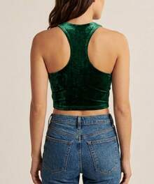 Top Cropped Feminino Veludo Gola Alta Sem Manga Regata Elegante Casual Festa Academia - Verde - Visão 3