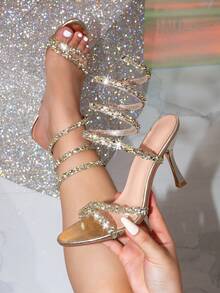 Sexy High Heel Sandals Party Spiral Straps Rhinestone Fashion Sandals - Light Gold - View 6