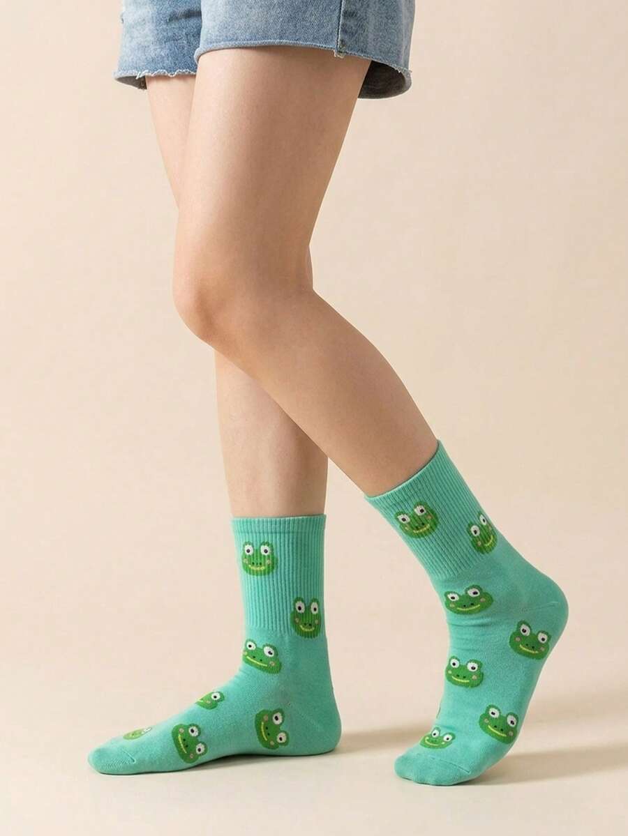 1/5 Pairs Women's Cartoon Frog Pattern Mid-Calf Socks, Cute Animal Print Fashion Casual Socks - Multicolor - View 1