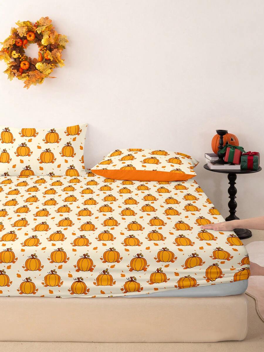 1件裝萬聖節感恩節葉子與南瓜印花包床單，可機洗耐用，秋季節日臥室裝飾，適用於特大/大/全尺寸/單人床，適合居家、宿舍、公寓、客房、出租房及送禮