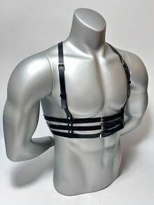 1pc Wild Style PU Leather Men's Chest Harness With Shoulder Straps, Punk Gothic Style Waist Belt Fashion Accessory - Black - View 3