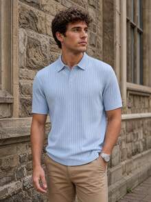 Men's Solid Color Zipper Ribbed Knit Short Sleeve Polo Shirt, Casual Breathable Summer Smart Casual Top - White - View 1