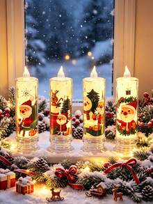 4/1pc Christmas Flameless Flickering LED Candles, Battery Operated LED Tea Lights, Cartoon Santa Claus Reindeer Snowman Print, Birthday Party, Wedding Decor, Romantic Candlelight Dinner, Valentine's Day, Christmas Decor, Home Decor, Tabletop Decor - Christmas - View 1