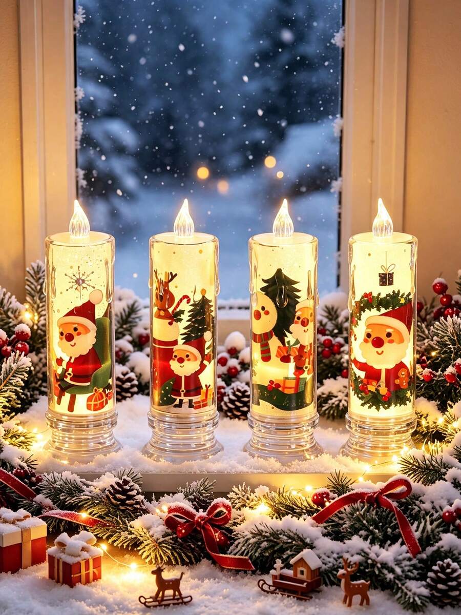 4/1pc Christmas Flameless Flickering LED Candles, Battery Operated LED Tea Lights, Cartoon Santa Claus Reindeer Snowman Print, Birthday Party, Wedding Decor, Romantic Candlelight Dinner, Valentine's Day, Christmas Decor, Home Decor, Tabletop Decor - Christmas - View 1