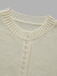 Women Autumn Cream Round Neck Knit Cardigan Front Row Buttons Slit Hem Long Sleeve Rib Cuff Loose Casual Sweater Tops - White - View 6