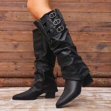 2-Way Detachable Strap Ruched Stacked Western Cowboy Boots For Women, Pointed Toe Chunky Heel Black Motorcycle Mid-Calf Boots - Black - View 3