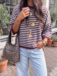 FOR BEAUTY Summer Autumn Y2K Women's Knit Top Elegant Luxury Burgundy Striped Mohair Sweater Fluffy Loose T-Shirt Suitable For Cafe Date Street Style Daily Wear - Blue and Red - View 5