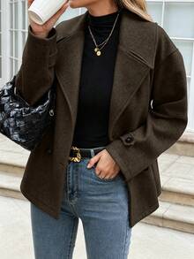 Women's Autumn/Winter Woven Double-Button Lapel Coat, Long Sleeve, Dropped Shoulder, Regular Length Outerwear - Coffee Brown - View 4