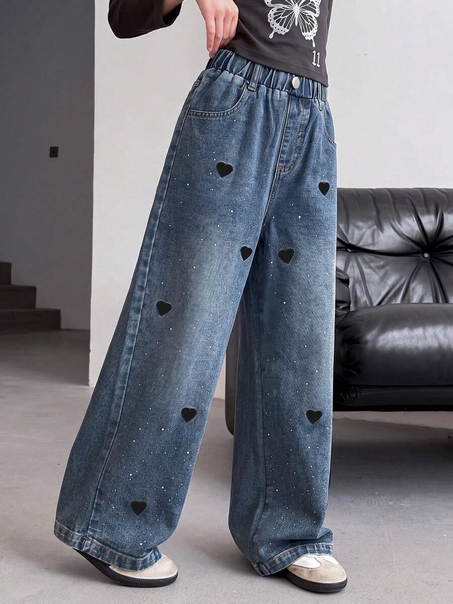 Tween Girls Blue Denim Jeans Fashion Heart Embroidery Rhinestone Craft Casual Loose Wide Leg Pants Suitable For Spring Summer Autumn Winter School Daily Outings - Blue - View 1