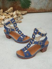 Women's Rivet Decor Square Hollow Buckle Strap Roman Sandals, Fashionable Avant-Garde Summer Daily Party Blue High Heel Sandals, Women's High Heels, Random Pattern - Blue - View 7