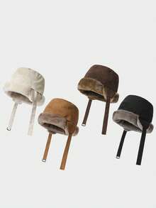 Suede Fleece Thickened Earflap Bucket Hat Winter Warm Windproof Plush Hat Faux Rabbit Fur Reversible Tie-Up Ushanka - Multicolor - View 3