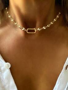 1pc Gold Round Lobster Double Clasp Letter Necklace, Stainless Steel Chain, Unique Diamond Initial Octagonal Star Pendant Women's Necklace - Yellow Gold - View 6