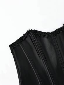 Whisplicity Women's Elegant Black Satin Corset Top With Boning Support, Strapless Design, Ruffle Trim, Lace-Up Back, Shaping Outerwear Top Summer - Black - View 9