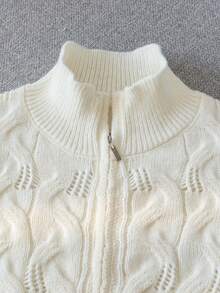 Girls' Casual Preppy Solid Color Cable Knit Hollow Texture Turn Collar Long Sleeve Double Zipper Short Cardigan Sweater Jacket, Suitable For Daily Casual Campus Wear In Spring, Autumn, Winter - Apricot - View 5