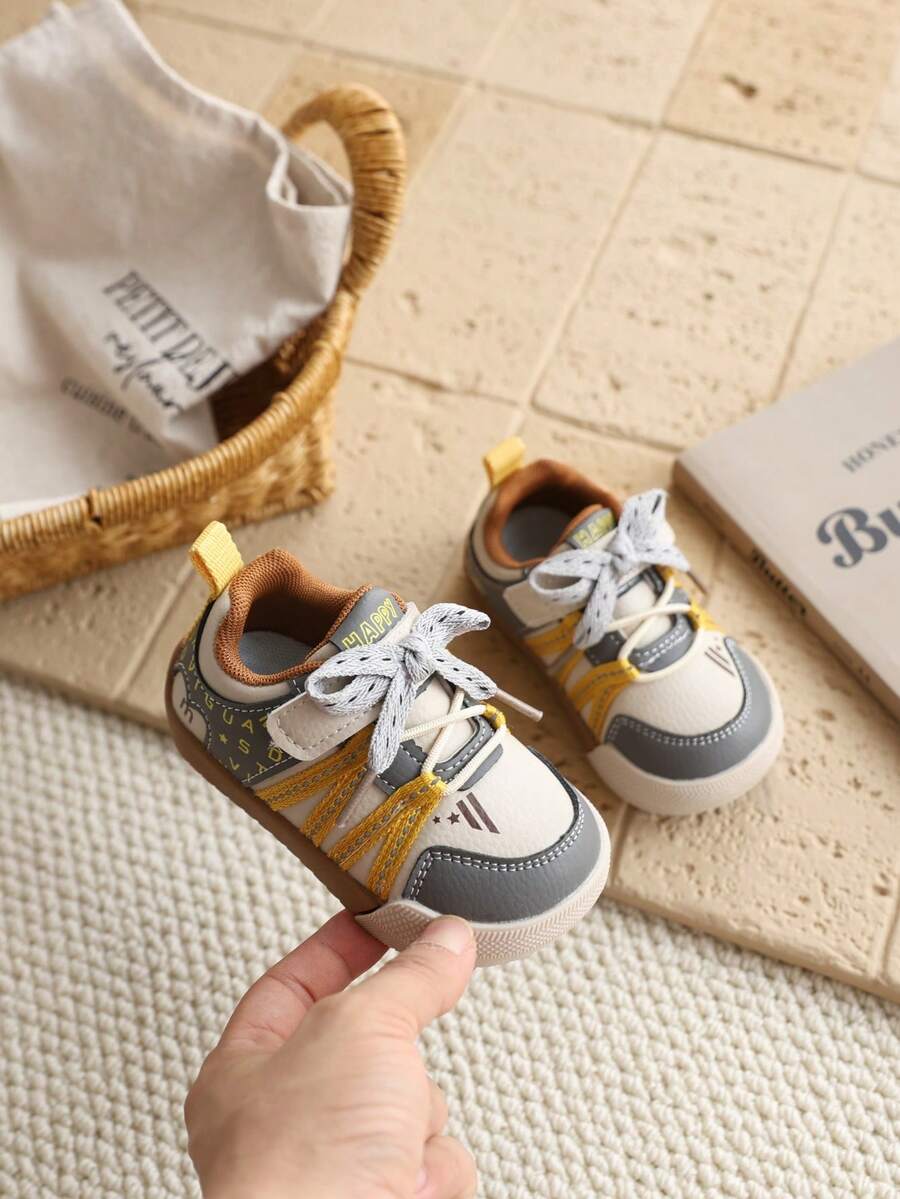 Pair Toddler Color Contrast Webbing PU Hook And Loop Toe Protection Flat Retro Sneakers For Daily Outdoor Wear