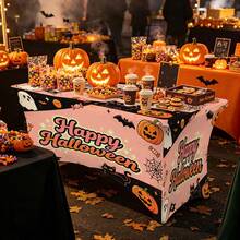 1pc Cartoon Happy Halloween Slogan Printed High Elasticity Tablecloth With Elastic Band - Stretchable Fit, Washable And Reusable Table Cover - Suitable For Dining Table, Buffet Table, Dessert Table, Banquet, Holiday Party Decoration, Halloween, Birthday, Wedding - Suitable For Kitchen Use - Multicolor - View 5