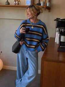 Women's Blue And Brown Striped Crew Neck Knit Sweater, Loose Fit Pullover, Suitable For Daily Commute And Street Casual Wear - Multicolor - View 9