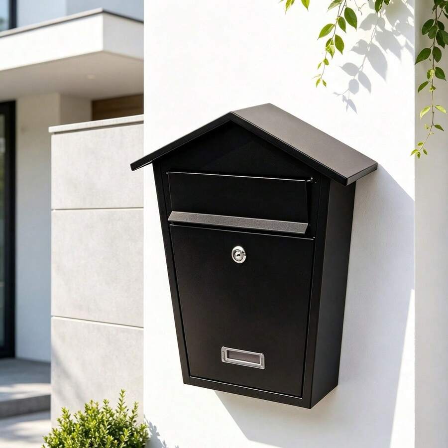 Wall-Mounted Galvanized Steel Mailbox With Security Lock And Slanted Roof, European Style Metal Post Box For A4 Letters, 32x10.5x38cm - B - 查看 1