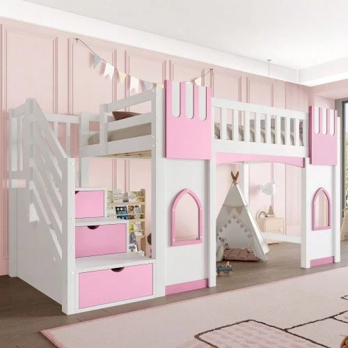 90 X 200 Cm Loft Bed With Storage Stairs And Window, White+Pink - White - View 1