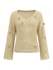 Yepolly-Pop Women For Autumn Elegant Cream Crochet Knit Cardigan, V-Neck 3D Floral Bell Sleeve, Office Daily Party Date Back To School - Apricot - View 6