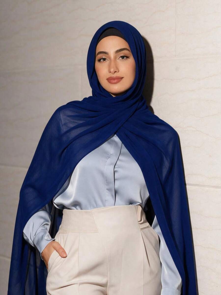 1 buah Jilbab Wanita Warna Polos Bahan Chiffon Lembut dengan Hiasan Mutiara, Cocok untuk Pemakaian Kasual Sehari-hari, Aksesori Jubah Musim Gugur/Dingin, Penutup Wajah Hijab - Royal Blue - View 1