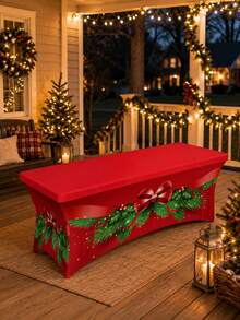 1pc Christmas Elastic Fitted Tablecloth, Polyester Spandex Full Coverage Stretch Table Cover, Holly Wreath And Red Bow Print, Rectangular Wrinkle-Resistant Buffet Tablecloth, Suitable For Parties, Banquets And Home Decor - Multicolor - View 7