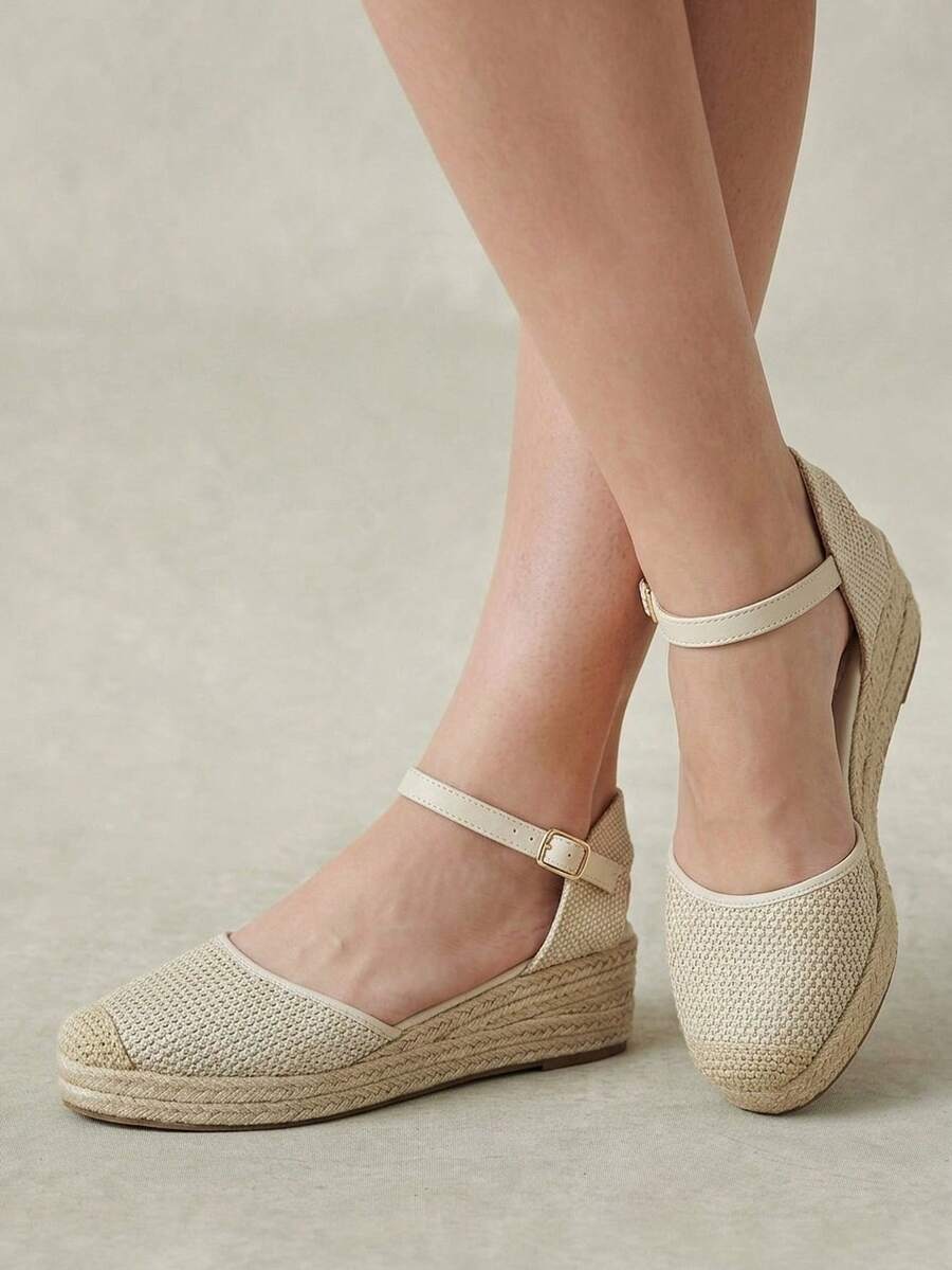 Styleloop Women's Summer New Platform Wedge Espadrille Ankle Strap Woven Peep Toe Sandals - Apricot - View 1