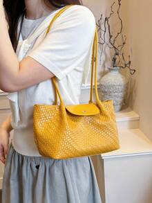 Tas Bahu Wanita Desain Gesper Niche Premium, Tas Bahu/Tas Tangan Multifungsi Minimalis Modis dari Kain PU - Mustard Yellow - View 6