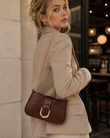 Bolsa Feminina Baguete Couro PU Bolsa de Ombro Transversal com Corrente Dourada Elegante Luxo Moda para Trabalho Faculdade Shopping Passeio Festa Viagem - Café - Visão 2