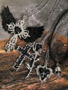 5pcs/Set Vintage Gothic Cross, Thorn Rose, Heart, Melting Cross, Star, Guitar, Music Note, Diamond Spade A Poker Pendant Necklace Set For Women - Silver - View 20