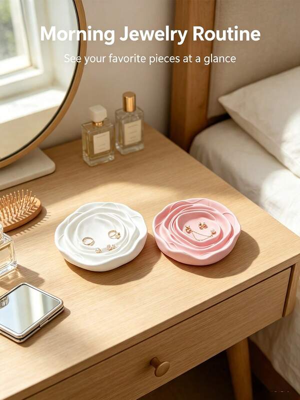 2pcs Rose Shaped Jewelry Storage Tray, Luxury Flower Jewelry Dish, Vanity Ring Storage Tray, INS Style Desktop Decor, White And Pink Rose Plate