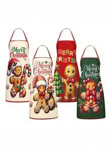 4Pcs Gingerbread Man Christmas Kitchen Aprons Set, Merry Christmas Candy Cane Printed Adjustable Cooking Chef Aprons, Holiday Decor Aprons For Women Men, Home Baking Grilling Xmas Party Gift - Multicolor - View 1