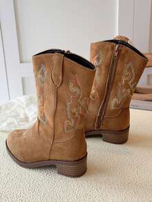 Girls' Embroidered Western Cowboy Boots, Vintage Mid-Calf Side Zipper Chunky Heel Princess Boots, Children's Performance Boots - Brown - View 3