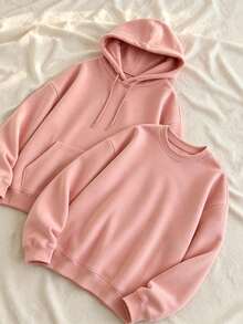 Women's Plus Size Pink Set, Comfortable Crew Neck Sweatshirt And Hoodie, Medium Stretch Regular Sleeve Top Elegant - Pink - View 6