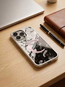 客製化字母姓名大理石印花手機殼，相容 iPhone 15 16 17 18 Pro Max，電鍍銀色邊框，UV 反向印刷，耐褪色，亮面光滑，可愛粉色愛心，個性化客製外殼，優雅美感保護殼，適合女性與女孩的理想禮物，完美適用於日常通勤、辦公、約會、旅行與度假 - 黑色 - 查看 5