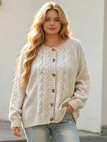Plus Size Chunky Knit Cardigan Sweater, V-Neck Front Button Long Sleeve Pullover, Autumn/Winter Layering Style Fall - Beige - View 3