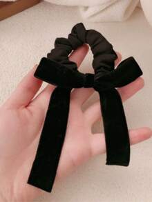 1pc New Celebrity Style Extra Long Black Velvet Headband, Vintage Influencer Bowknot Hair Accessory - Black - View 2