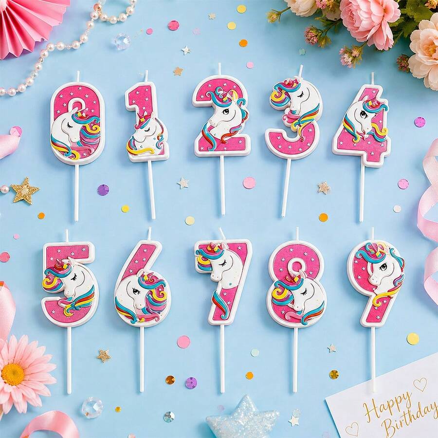 HIBIRTH 1pc Cartoon Unicorn Pink Number Candle Cake Decoration Creative 0-9 Candles Birthday Party Celebration Baking Topper