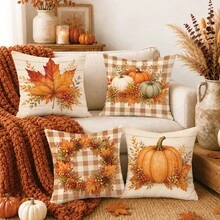 4pcs Minimalist Autumn Plaid Maple Leaf Pumpkin Berry Cushion Covers, Single-Sided Printed Peach Skin Velvet Polyester Material, 45*45/50*50CM Pillow Covers Suitable For Room Decor, Modern Minimalist Sofa Living Room Decoration, Gift Giving, Party Decoration - Multicolor - View 10