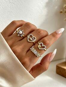 Bộ 4 nhẫn kim loại xếp chồng phong cách INS cho nữ, nhẫn đính đá rhinestone hình trái tim LOVE và hình sao phối ngọc trai giả, thời trang đa năng - Vàng - Xem 1