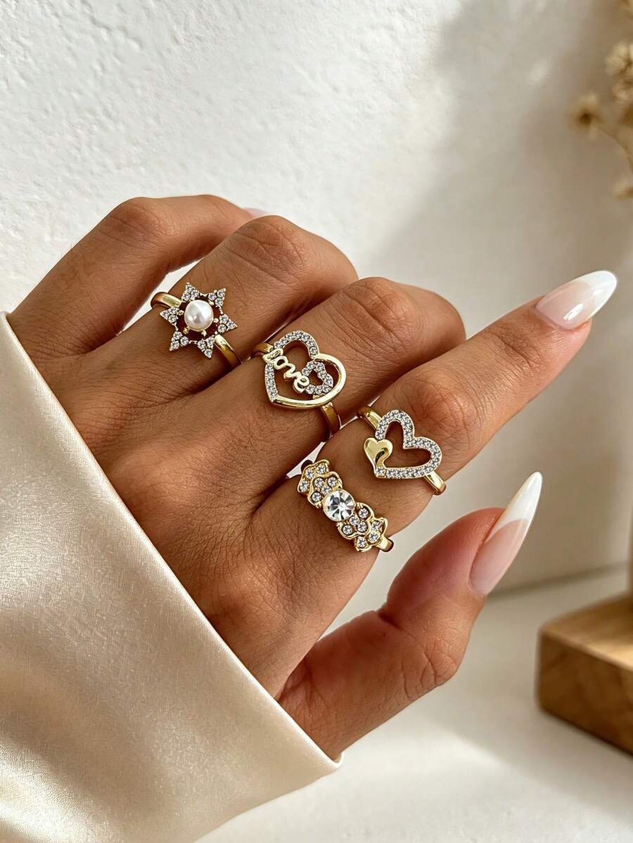 Bộ 4 nhẫn kim loại xếp chồng phong cách INS cho nữ, nhẫn đính đá rhinestone hình trái tim LOVE và hình sao phối ngọc trai giả, thời trang đa năng - Vàng - Xem 1