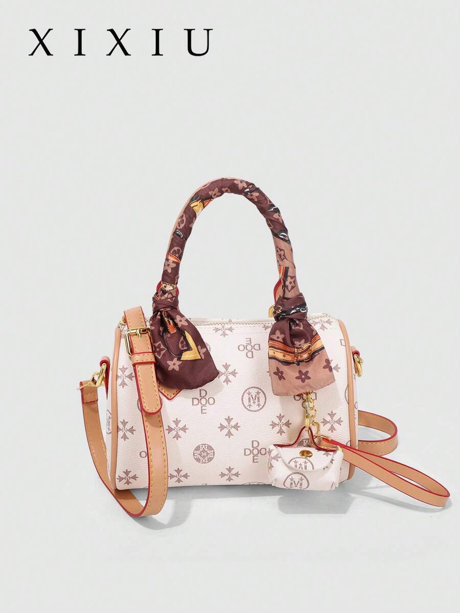 Women Mini Boston Bag Vintage Monogram PU Silk Scarf Decor Detachable Crossbody Strap Pendant Handheld Shoulder Bag Daily Travel - White - View 1
